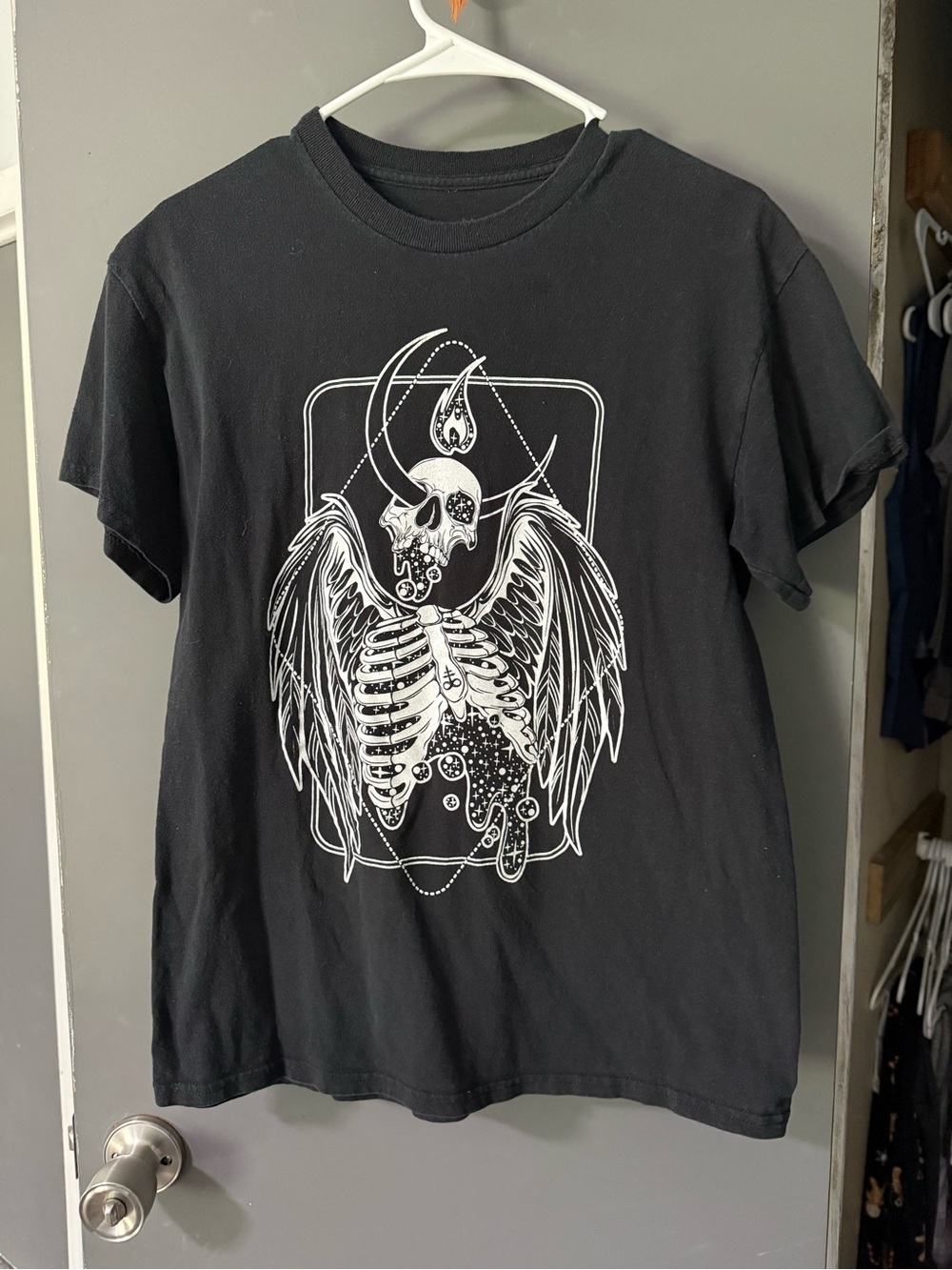 Threadless Black Tee with White Winged Skeleton Graphic